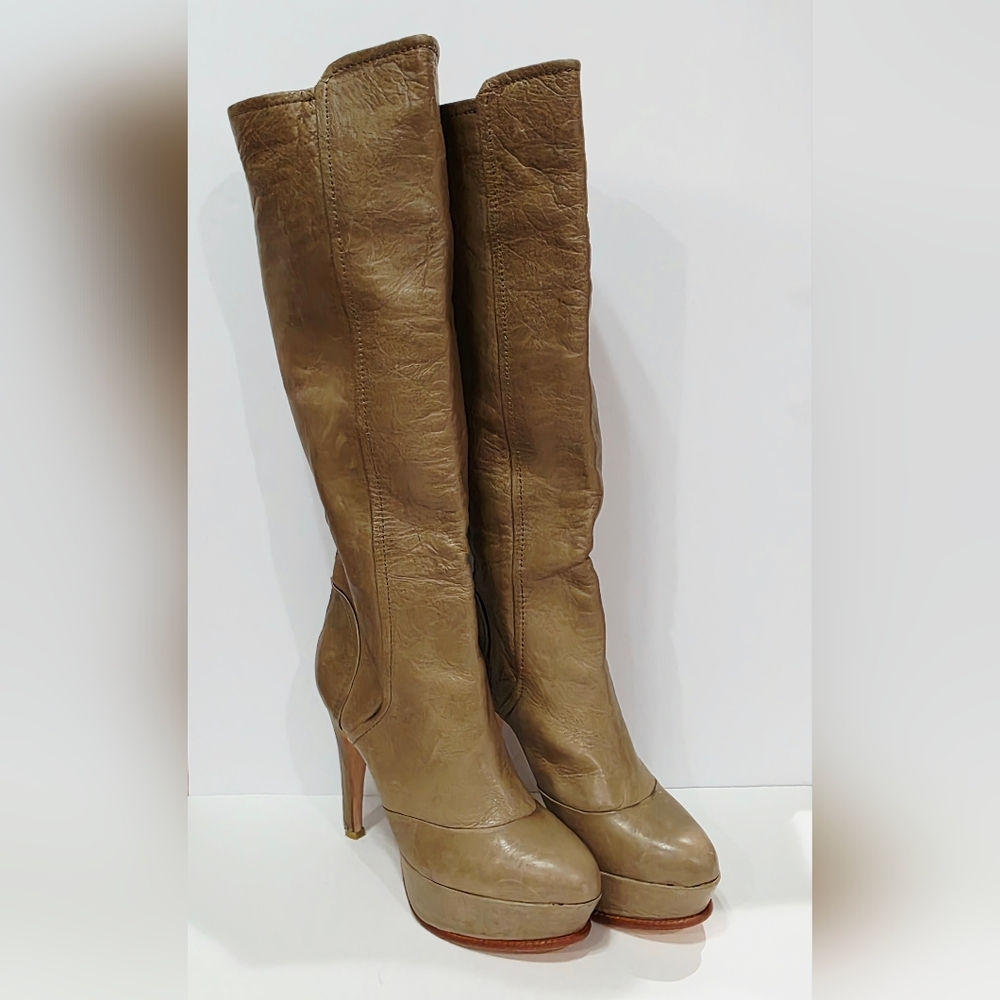 Dolce Vita TAN Leather Boot Knee High Tall Heel Silver Zipper Stiletto 9 M New - Picture 3 of 16